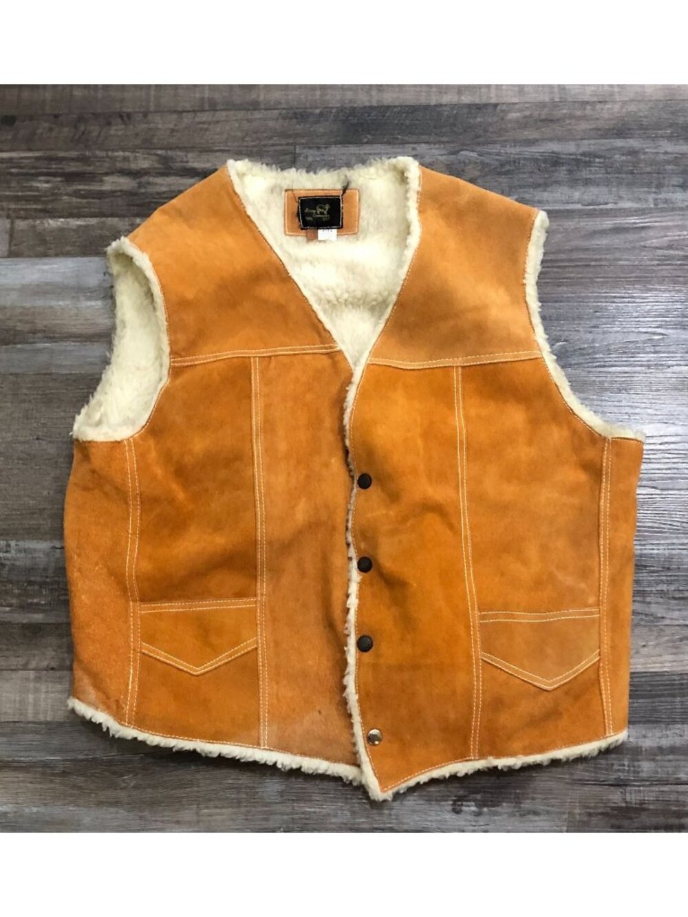 Vtg Lopez Camacho Mens Size 48 Leather Fleece Lined Vest Button Front